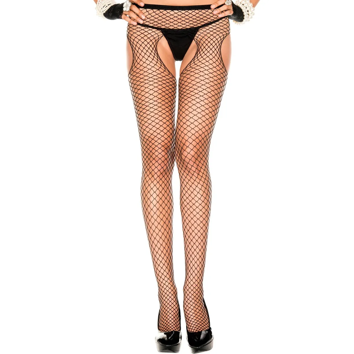 Schwarze Netzstrumpfhose mit hohem Beinausschnitt an Hüften und Schritt – MH907BLK