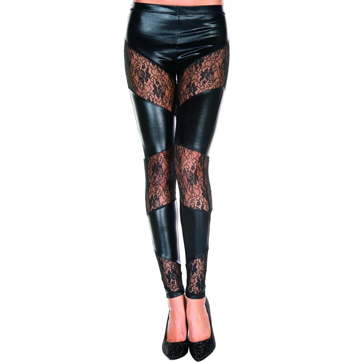 Schwarze Wetlook-Leggings mit floralen Spitzeneinsätzen – MH35134BLK