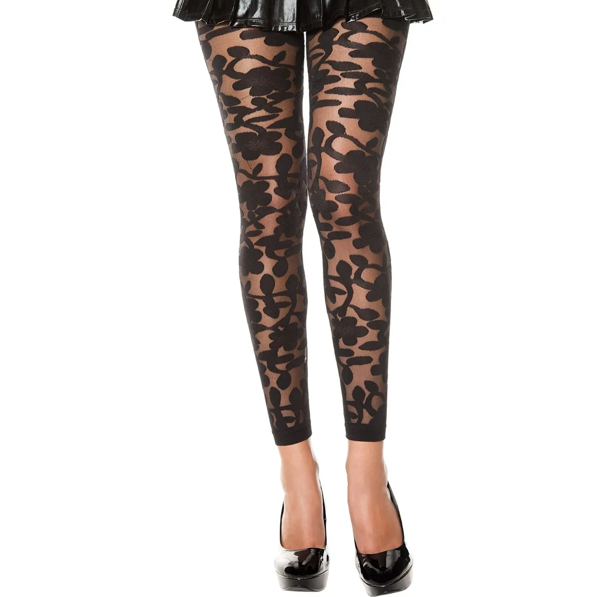 Dünne schwarze transparente Leggings mit Blumenmuster – MH35344BLK