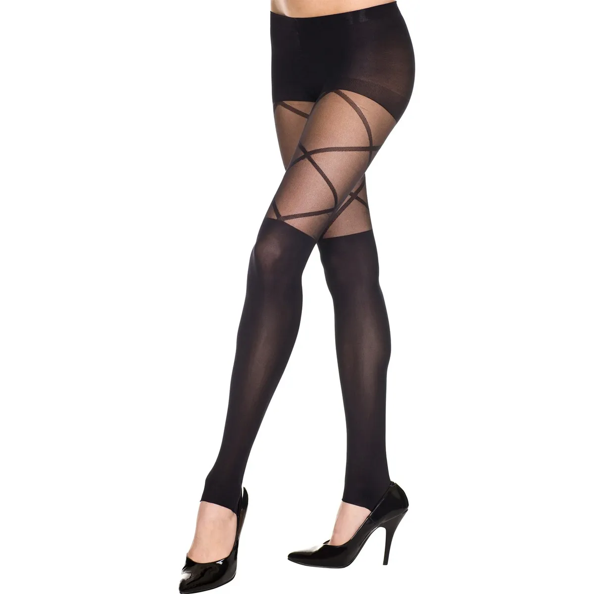Schwarze Strumpfhose mit Legging-Effekt, blickdicht und transparent im Overknee-Stil – MH7389BLK