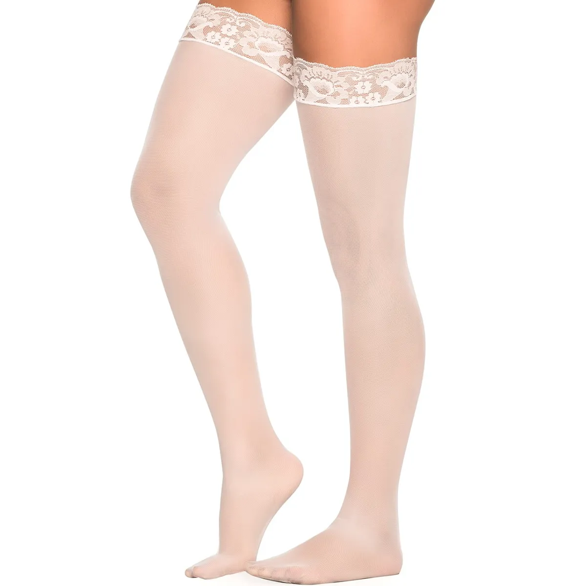 Weiße selbsthaltende Nylon-Strümpfe mit Spitzenstrumpfband – MAL1094WHT