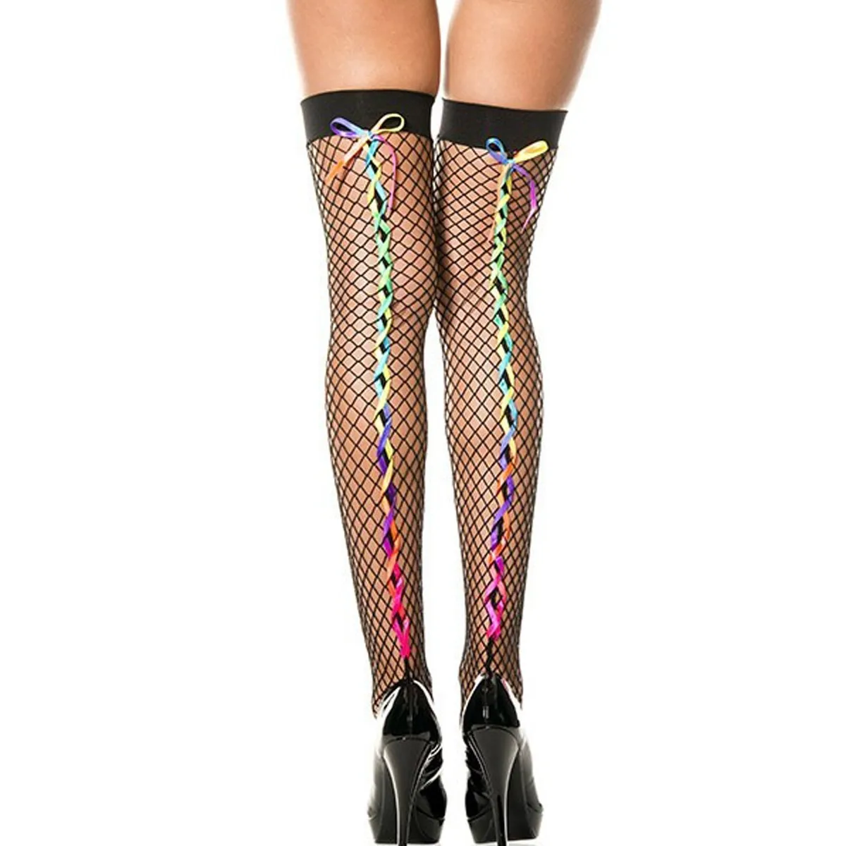 Schwarze Netzstrümpfe mit bunten Regenbogenbändern – MH4643BRA