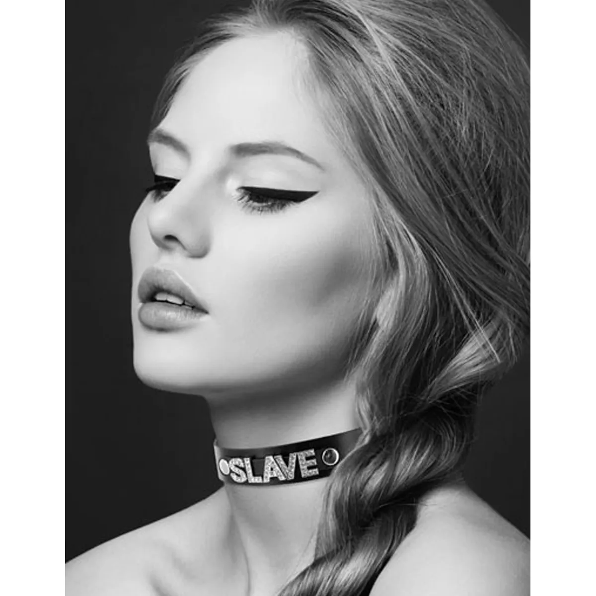 Schwarzes Lederhalsband SM mit Slave in Strass – CC6050130010