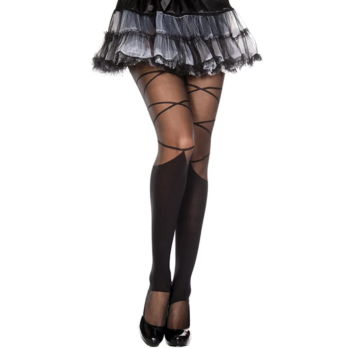 Schwarze Nylon-Fantasiestrumpfhose mit Strumpf- und Schnüreffekt – MH7133BLK