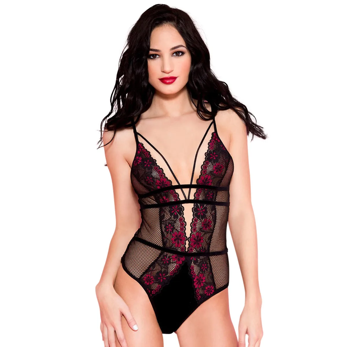 Schwarzer sexy Netz-Body mit floralen Spitzenbesätzen und Verzierungen – ML80022BHP