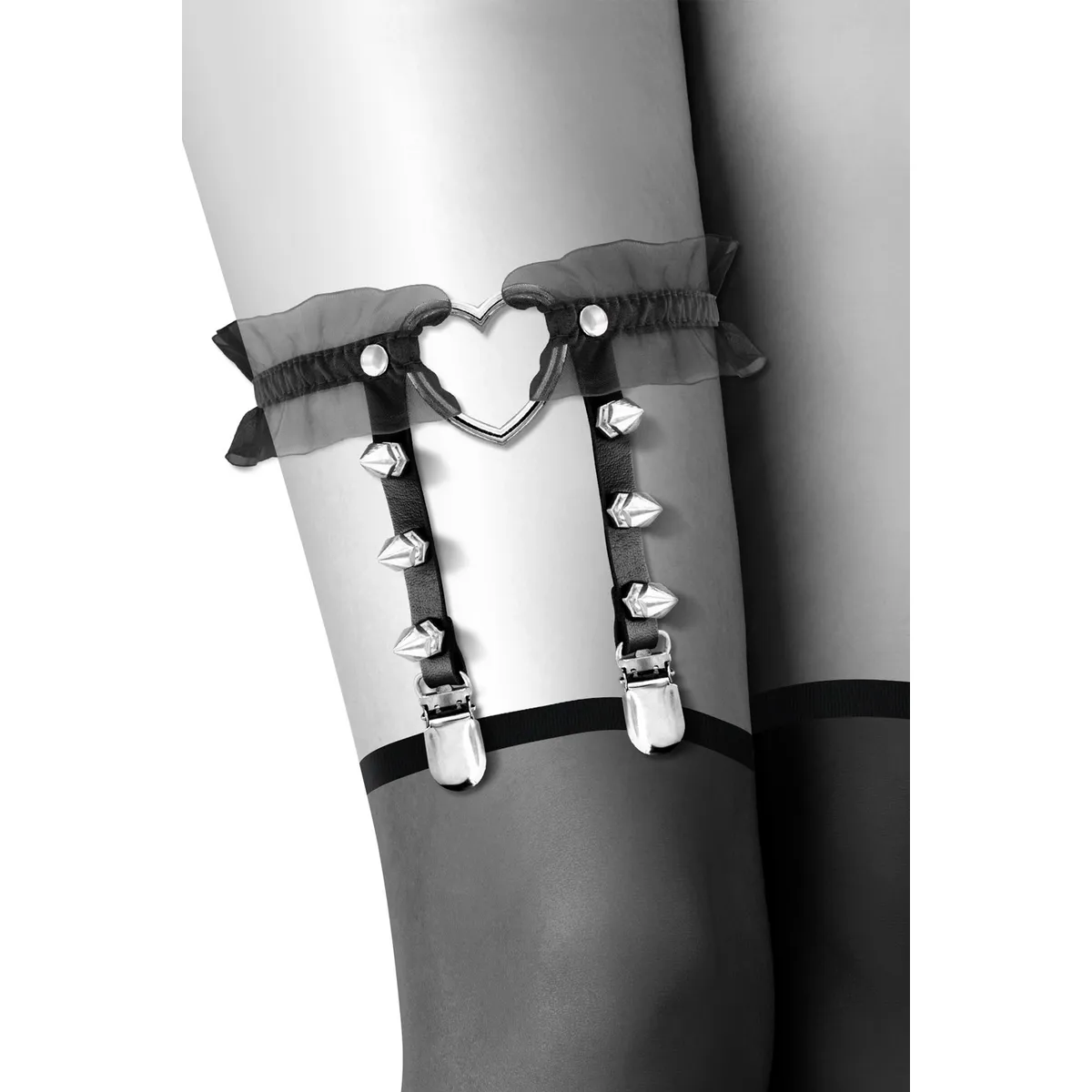 Schwarzes Strumpfband mit Herz, Nieten und Tüll – CC6060100010