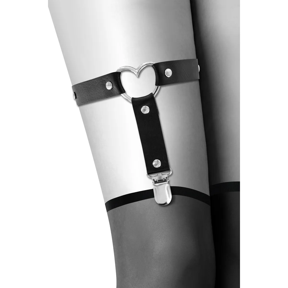 Schwarzes Strumpfband mit Metallherz und Nieten – CC6060090010