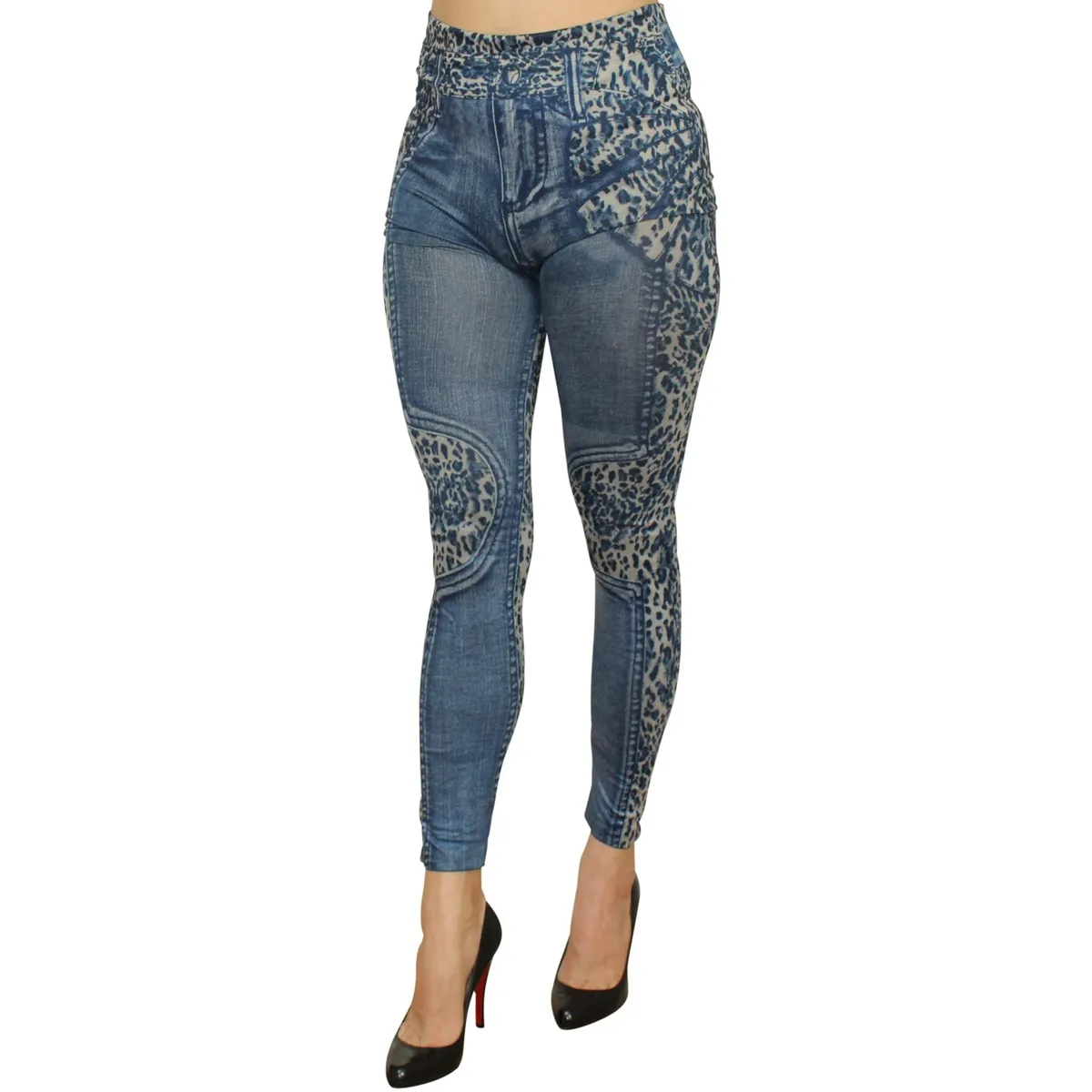 Blaue Leggings mit Jeans-Effekt und Leopardenmuster – FD1017