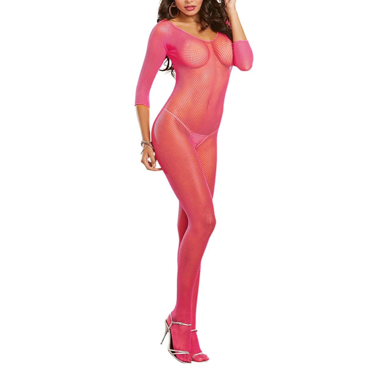 Neonpinker Netz-Bodystocking mit offenem Schritt - DG0015HPK – Bild 3