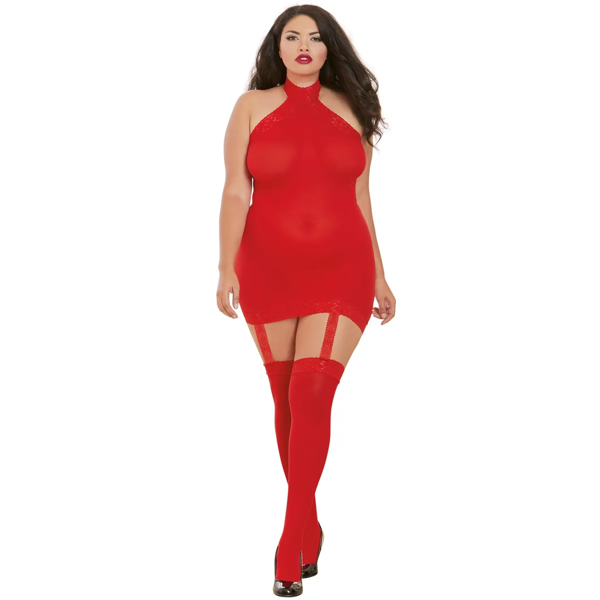 Roter Bodystocking in Übergröße mit Strapseffekt und Spitze – DG0035XRED