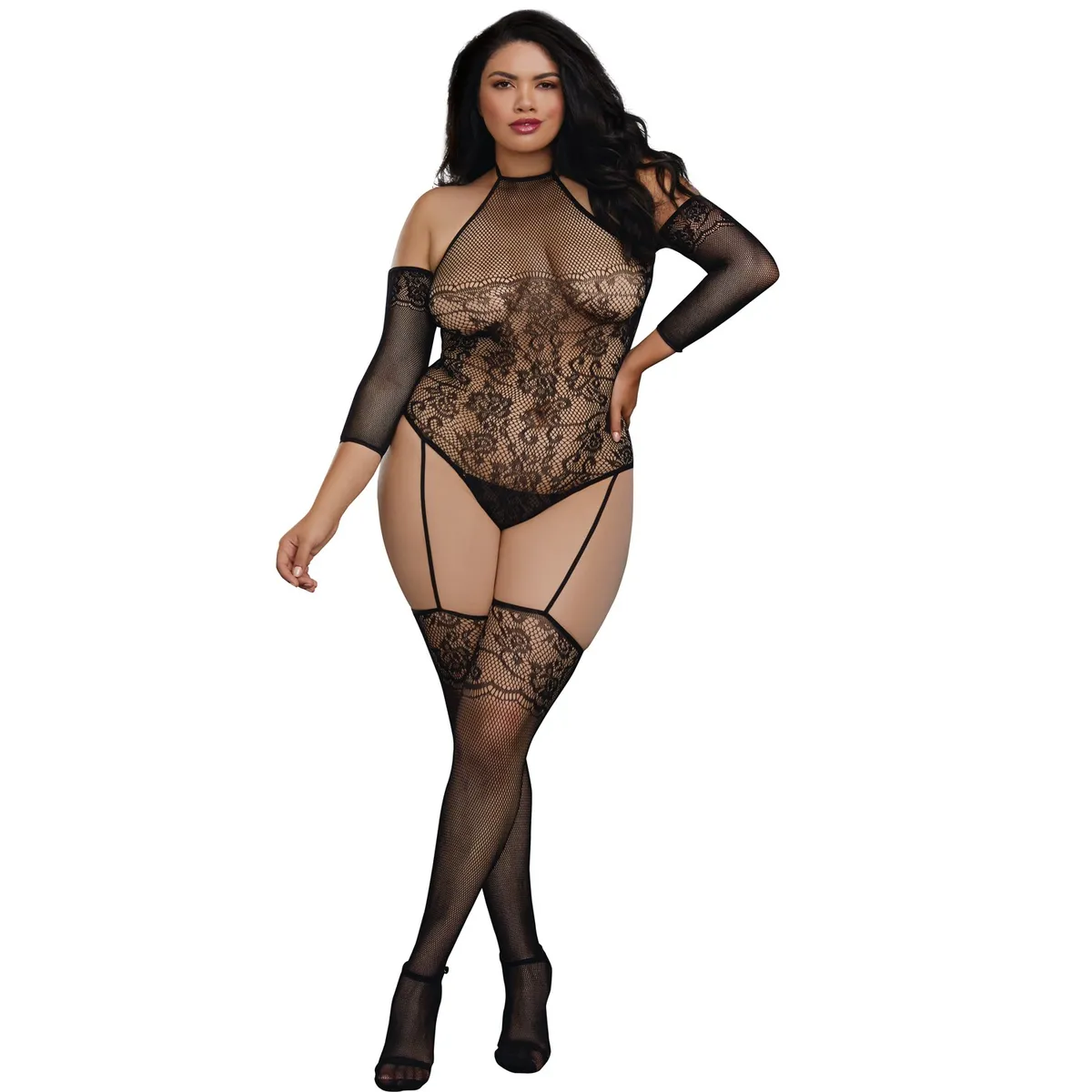 Große Netz-Bodystocking mit Strapsstrumpf-Effekt – DG0310XBLK
