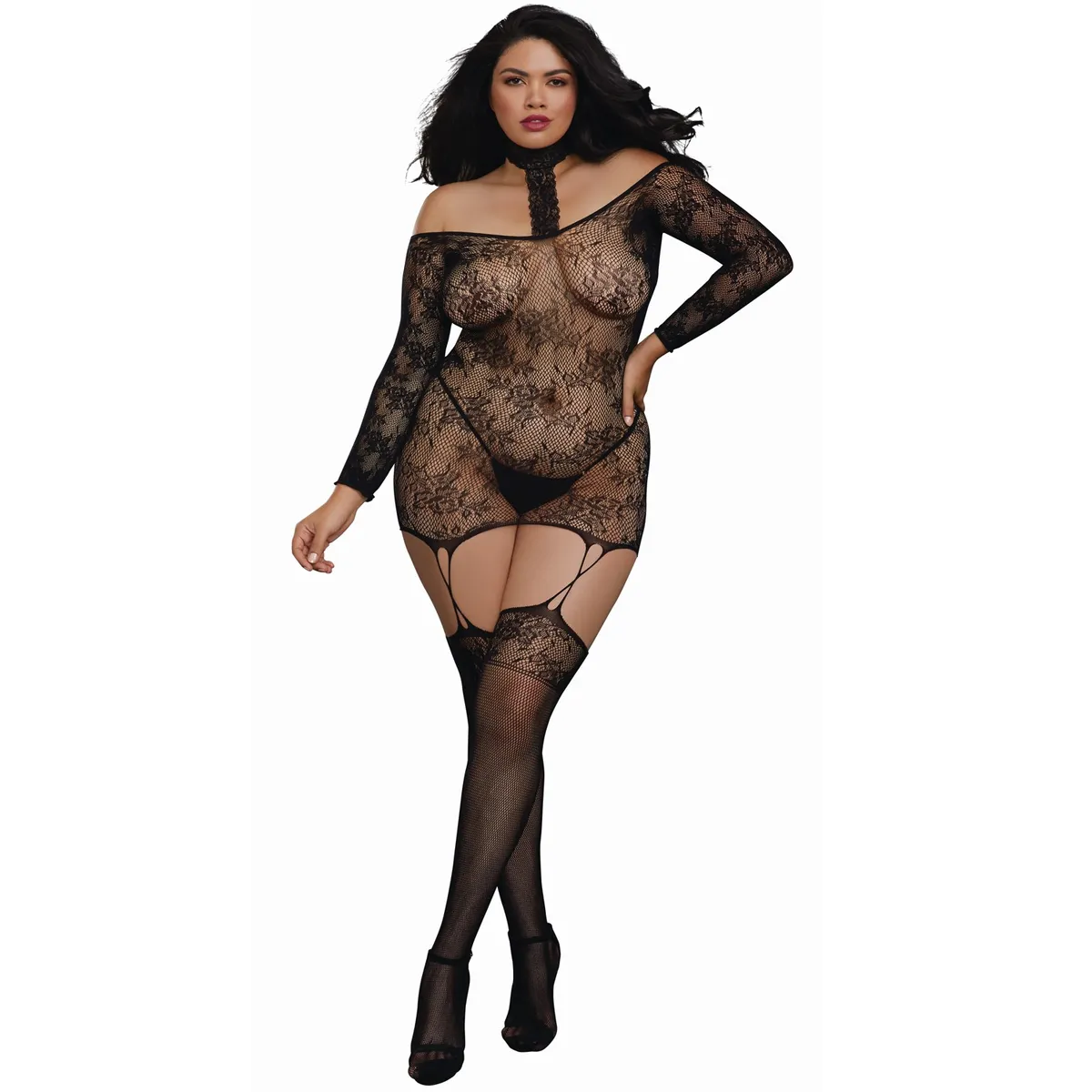 Netz-Bodystocking Strapshemd große Größe wendbar mit Halsband – DG0318XBLK Netz-Bodystocking Strapshemd große Größe wendbar mit Halsband – DG0318XBLK