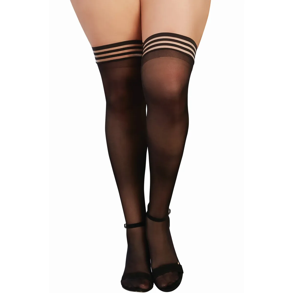 Große Nylon-Strümpfe mit elastischen gestreiften Strumpfhaltern – DG0321XBLK