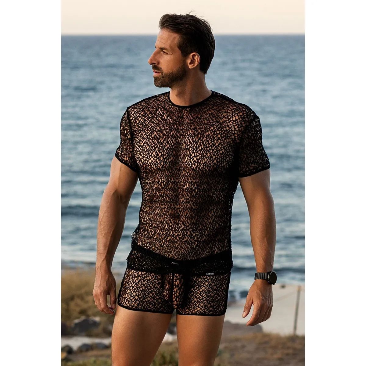 Sexy schwarzes T-Shirt mit unregelmäßigem Netz Fetisch - LM810-77BLK – Bild 3