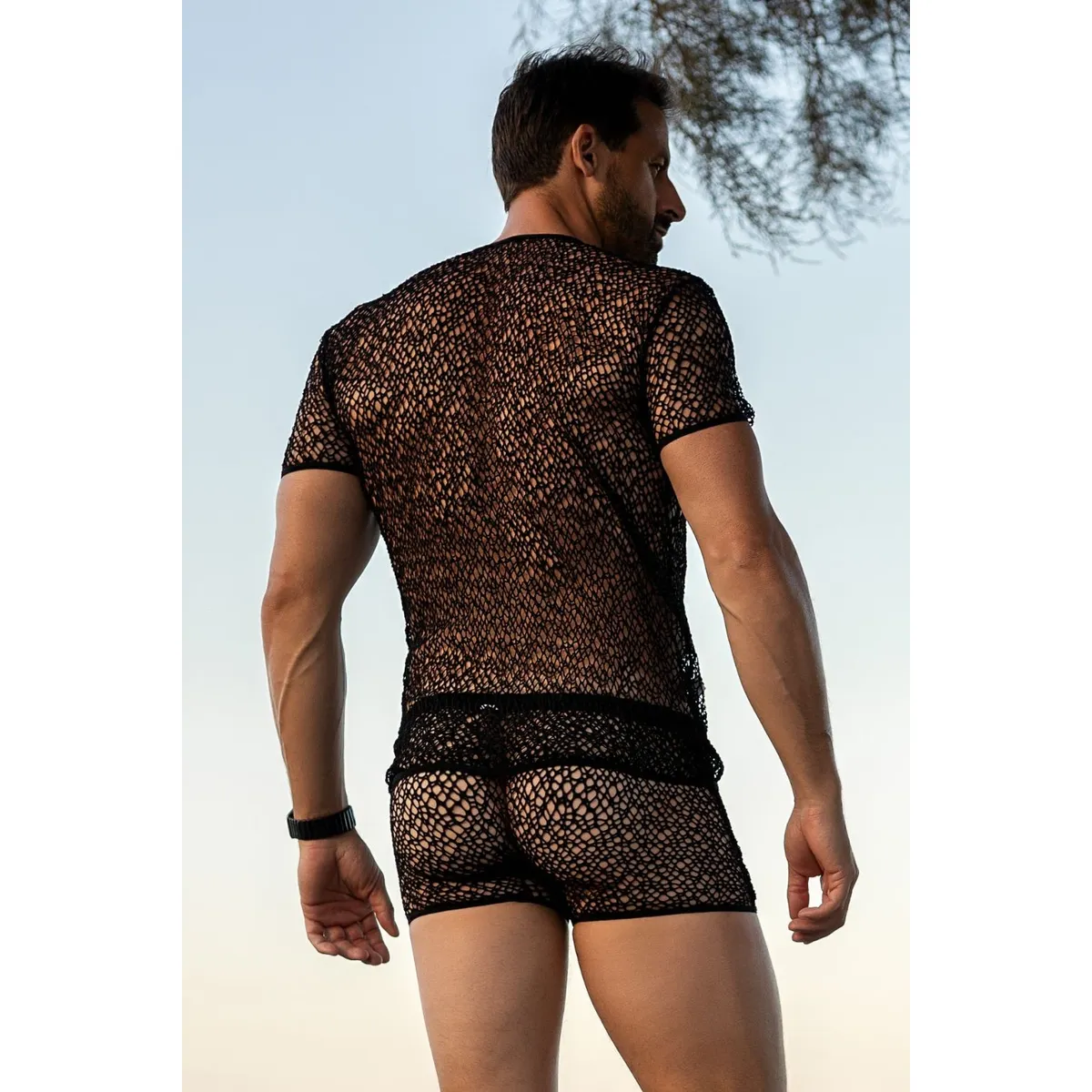 Sexy schwarzes T-Shirt mit unregelmäßigem Netz Fetisch - LM810-77BLK – Bild 2