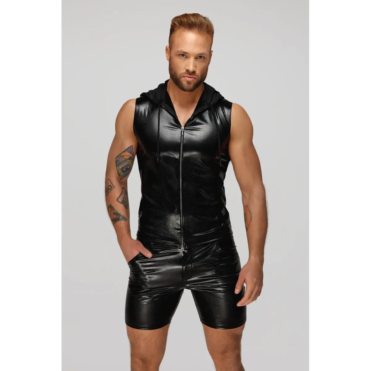 H066 Ärmelloses, transparentes Kapuzen-Top mit Reißverschluss im Schlangenlook