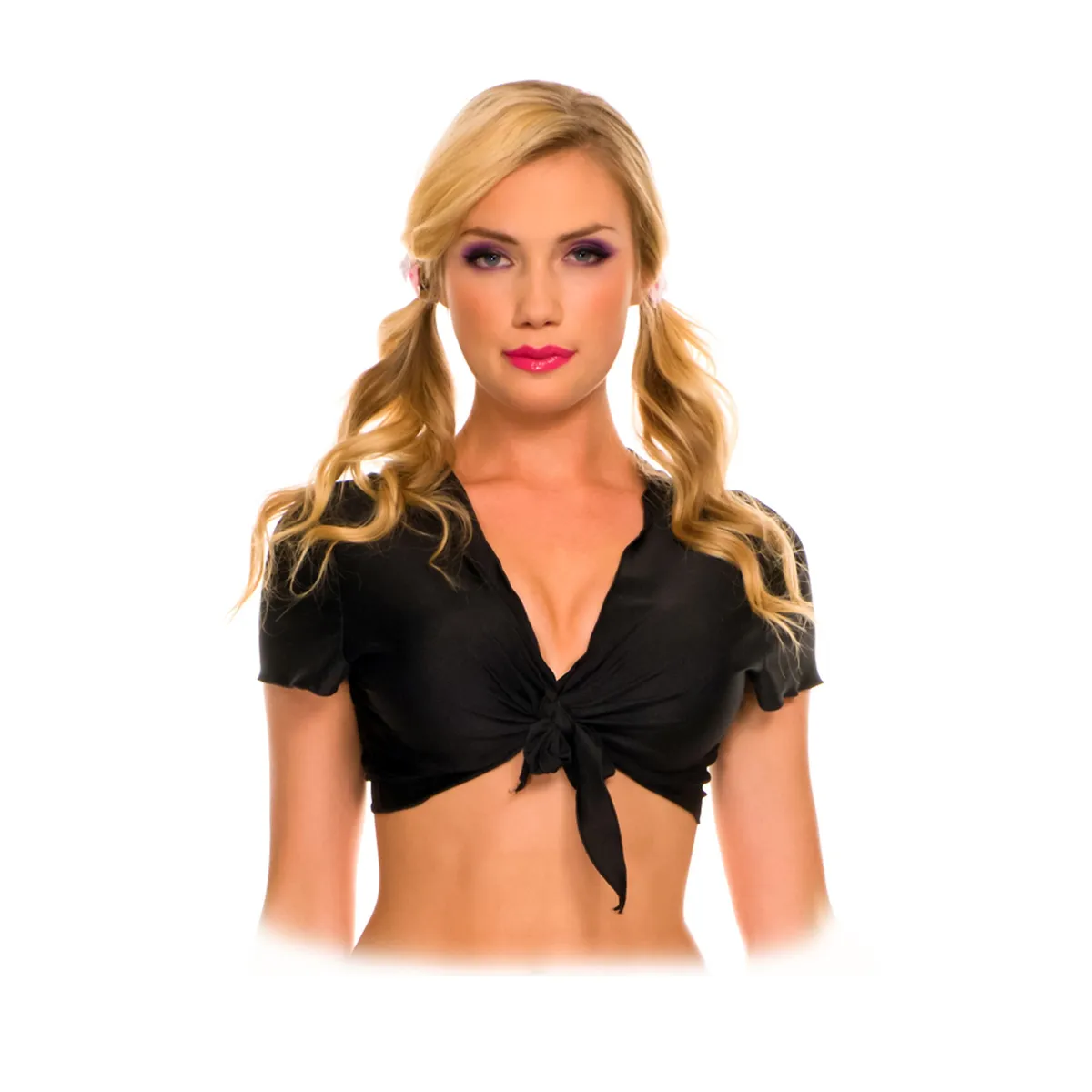 Oberteil, kurze Ärmel, Knoten vorne – ML25076BLK Oberteil, kurze Ärmel, Knoten vorne – ML25076BLK