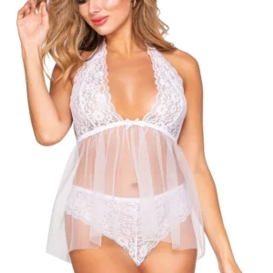 Babydoll aus Spitze und Netz mit passendem String – DG12190WHT