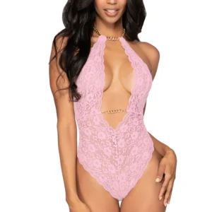 Rosa Body aus Stretch-Spitze mit abnehmbaren Ketten – DG12483PNK