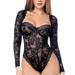 Sexy Langarm-Body aus gotischer Spitze mit Lederoptik-Details – MAL8957BLK Sexy Langarm-Body aus gotischer Spitze mit Lederoptik-Details – MAL8957BLK