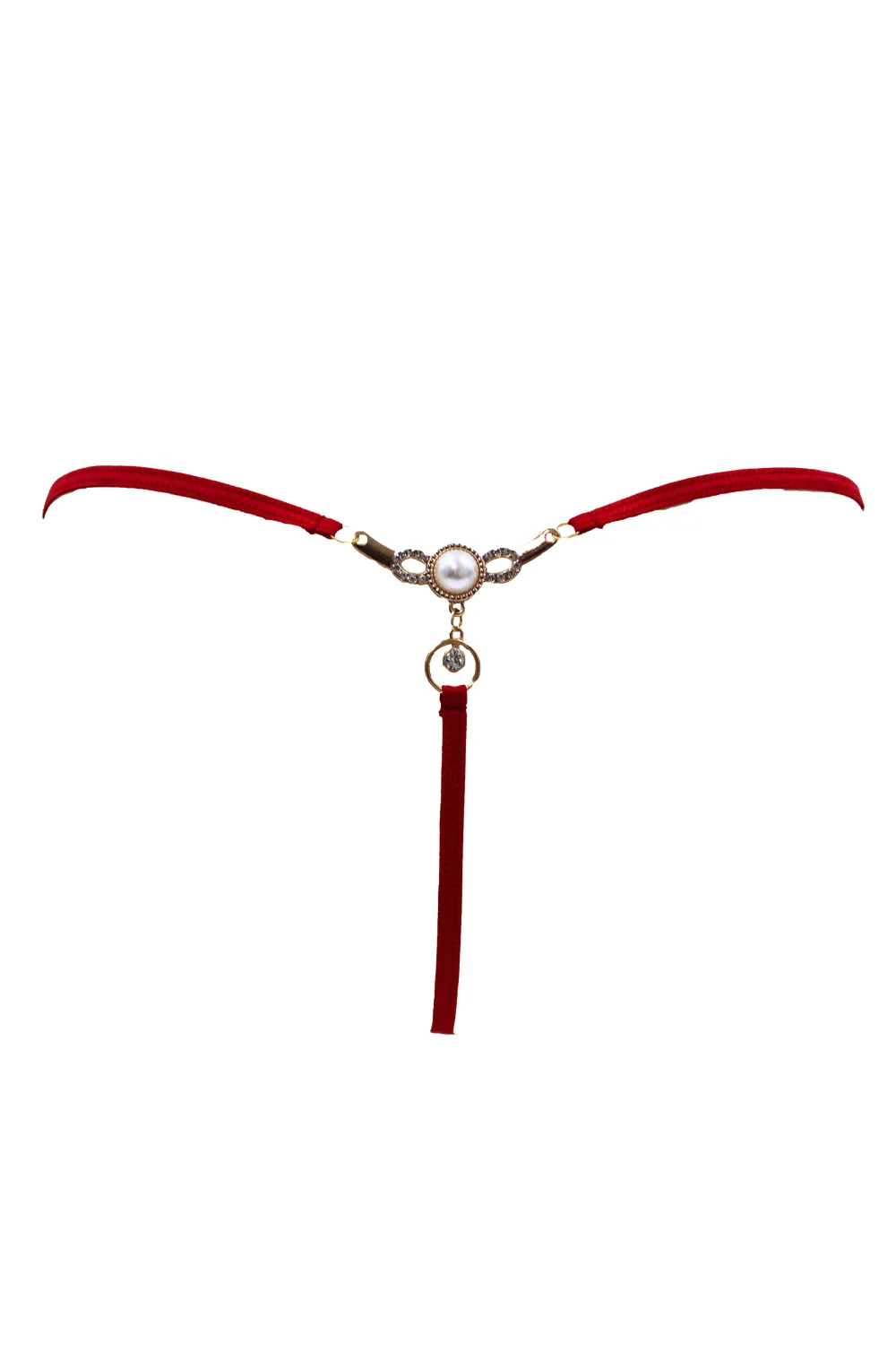 Roter String mit Perlenjuwel & goldenen Strasssteinen - PA06MRED – Bild 8