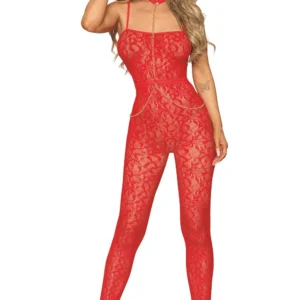Nahtloser Bodystocking, rotes Fantasie-Design mit abnehmbaren Kettchen – DG0518POI