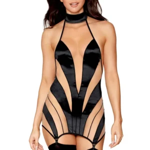 Stilvolles schwarzes Negligé mit Transparenz und Strumpfhalter – DG13376BLK