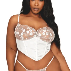 Weißes Büstenhalter-Top mit Bügeln in großen Größen, aus Satin und Blumenspitze – DG13262XWHT