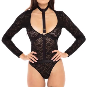 Body aus Spitze mit langen Ärmeln, Harness und Strumpfhalter – REN50019-BLK Body aus Spitze mit langen Ärmeln, Harness und Strumpfhalter – REN50019-BLK