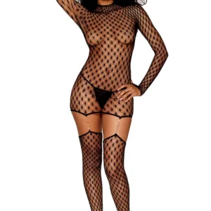 Schwarzes Netzstrumpfbandkleid mit geometrischem Muster und goldenen Kettenstrumpfhaltern – DG0481BLK