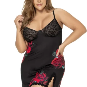 Schwarzes Nachthemd in großer Größe mit Blumenmuster und passendem String – MAL7438XBLF Schwarzes Nachthemd in großer Größe mit Blumenmuster und passendem String – MAL7438XBLF