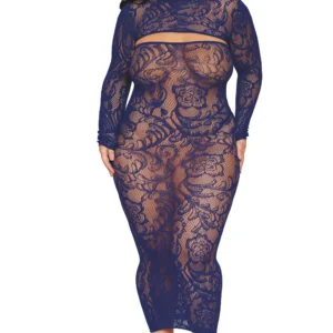 Zweiteiliges Set in großen Größen, Langarm-Top und marineblaues Kleid – DG0525XECL