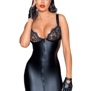 F254 Mini-robe Powerwetlook avec poitrine en dentelle et fermeture éclair à 2 sens