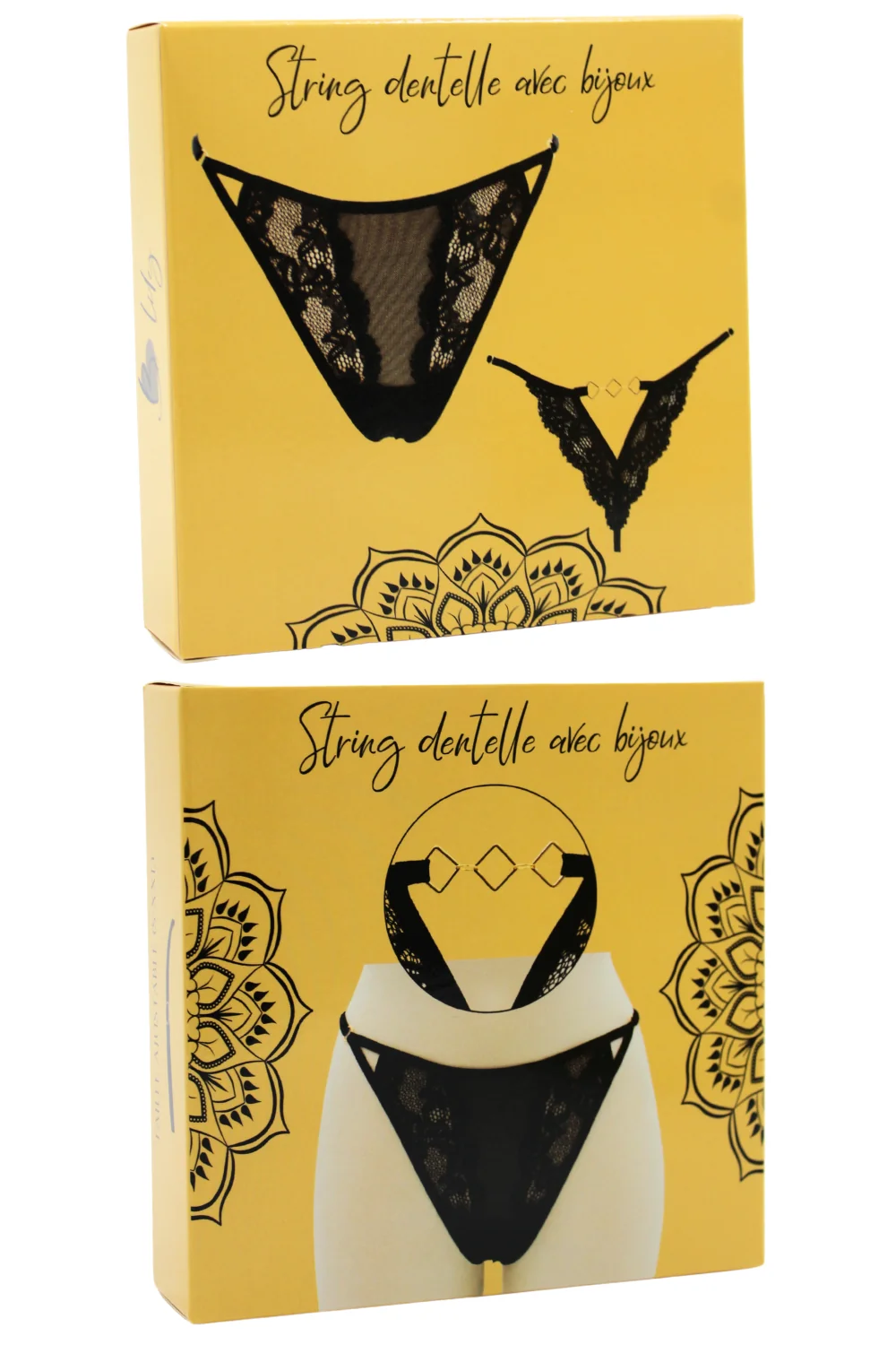 Schwarzer Spitzen-Tanga mit goldenen Rauten-Schmuck - PM01GBLK – Bild 4