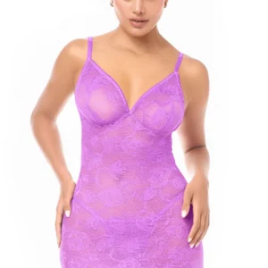 Dehnbare violette Spitzen-Babydoll und String – MAL7613WORC