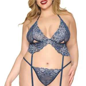 Große Größe Strumpfhalter und blauer floraler Spitzenstring – DG13522XBLU