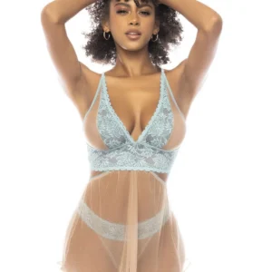 2 in 1 Nachthemd und 2-teiliges Set Abilene aus Spitze und transparentem Netz – MAL7541LBLN