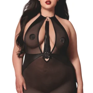 Großes Negligé mit Strumpfhaltern und Peitsche – DG13704XBLK