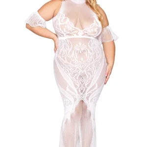 Bodystocking-Kleid, große Größe, aus Netz und weißer Spitze – DG0490XWHT Bodystocking-Kleid, große Größe, aus Netz und weißer Spitze – DG0490XWHT