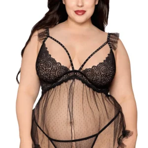Schwarzes Babydoll in Übergröße und passender String – DG13694XBLK
