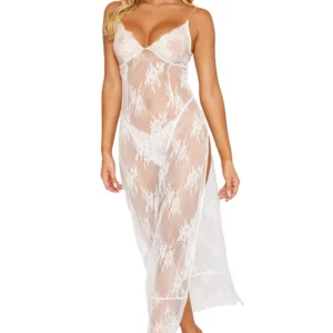 Langes weißes Negligé aus floraler Spitze, passender String – DG13667WHT