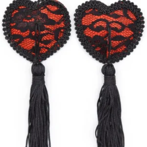 Paar herzförmige, selbstklebende Brustwarzenabdeckungen mit schwarzer Spitze und Quaste – NP-0077