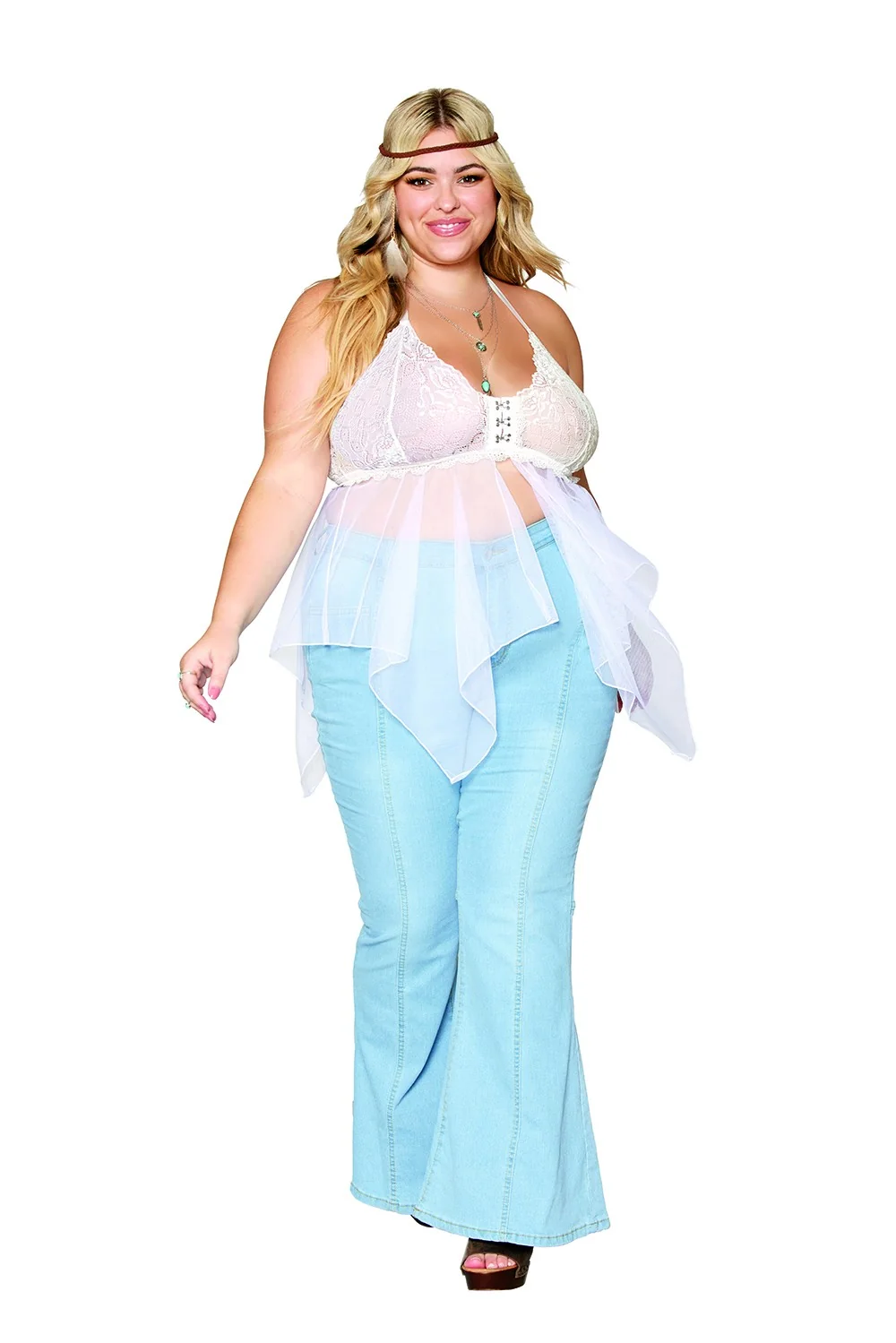 Babydoll und String in großen Größen aus Netz und weißer Spitze - DG13314WHT – Bild 7