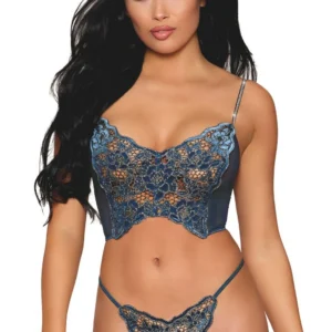 Florales Spitzen- und Netz-Bustier mit Strasssteinen und passendem String – DG13492BLU