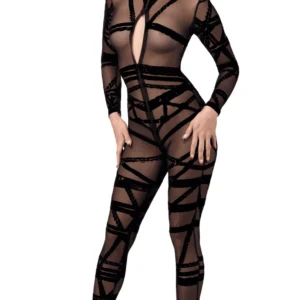 Tüll geflockt Bondage Ganzkörperanzug langärmelig beinlang Drei Wege Reißverschluss verstellbar öffnbar elastisch anschmiegsam transparent Polyester Elasthan