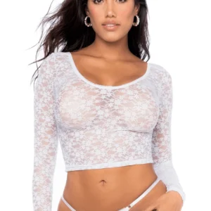 Zweiteiliges Set aus weißer Spitze, Crop-Top und String – MAL8918WHT
