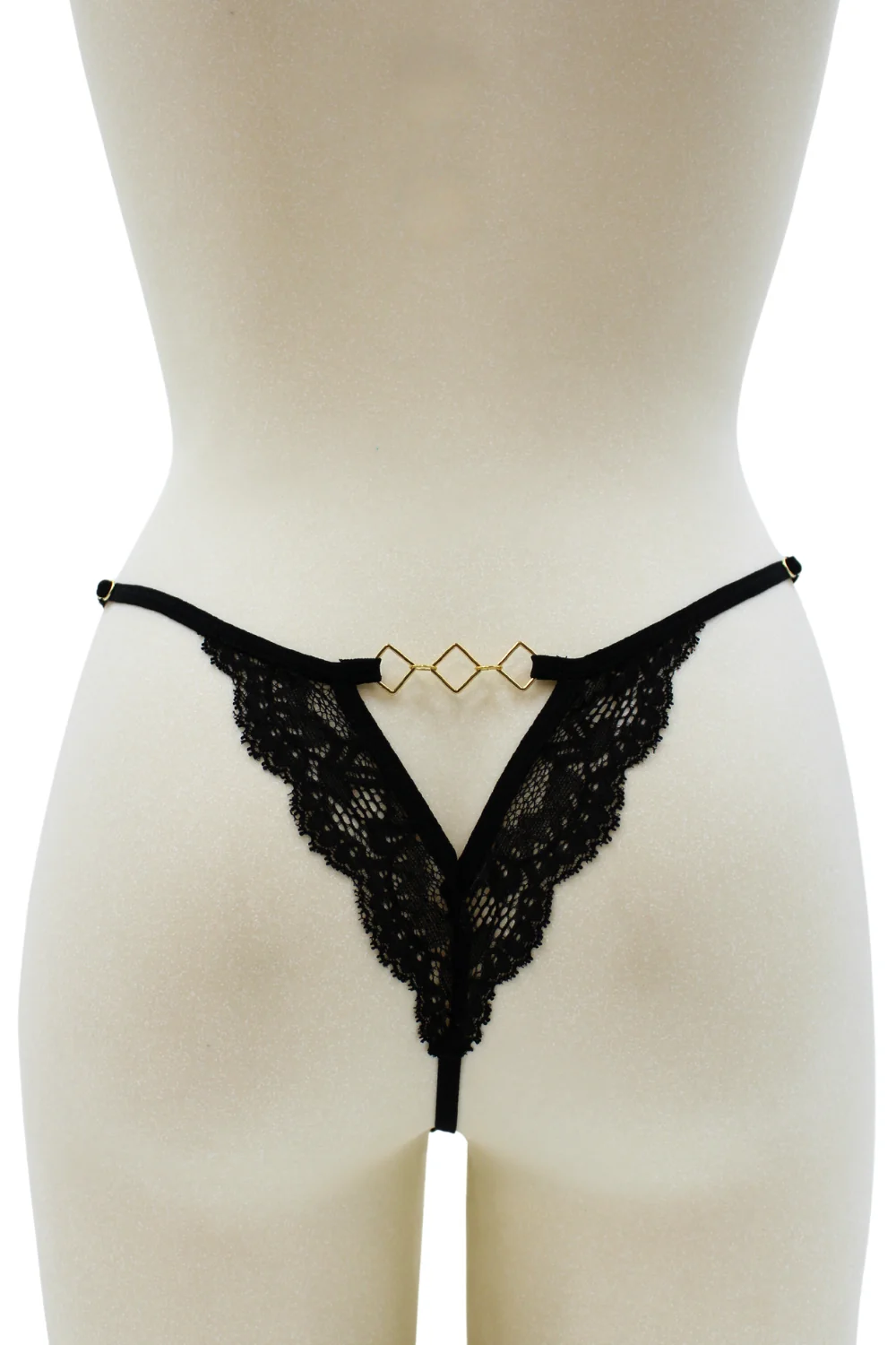 Schwarzer Spitzen-Tanga mit goldenen Rauten-Schmuck - PM01GBLK – Bild 2