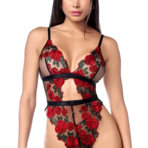 Teddy mit hoher Taille aus schwarzem Netz mit Rosenstickerei und Gürtel – MAL8961BKRD