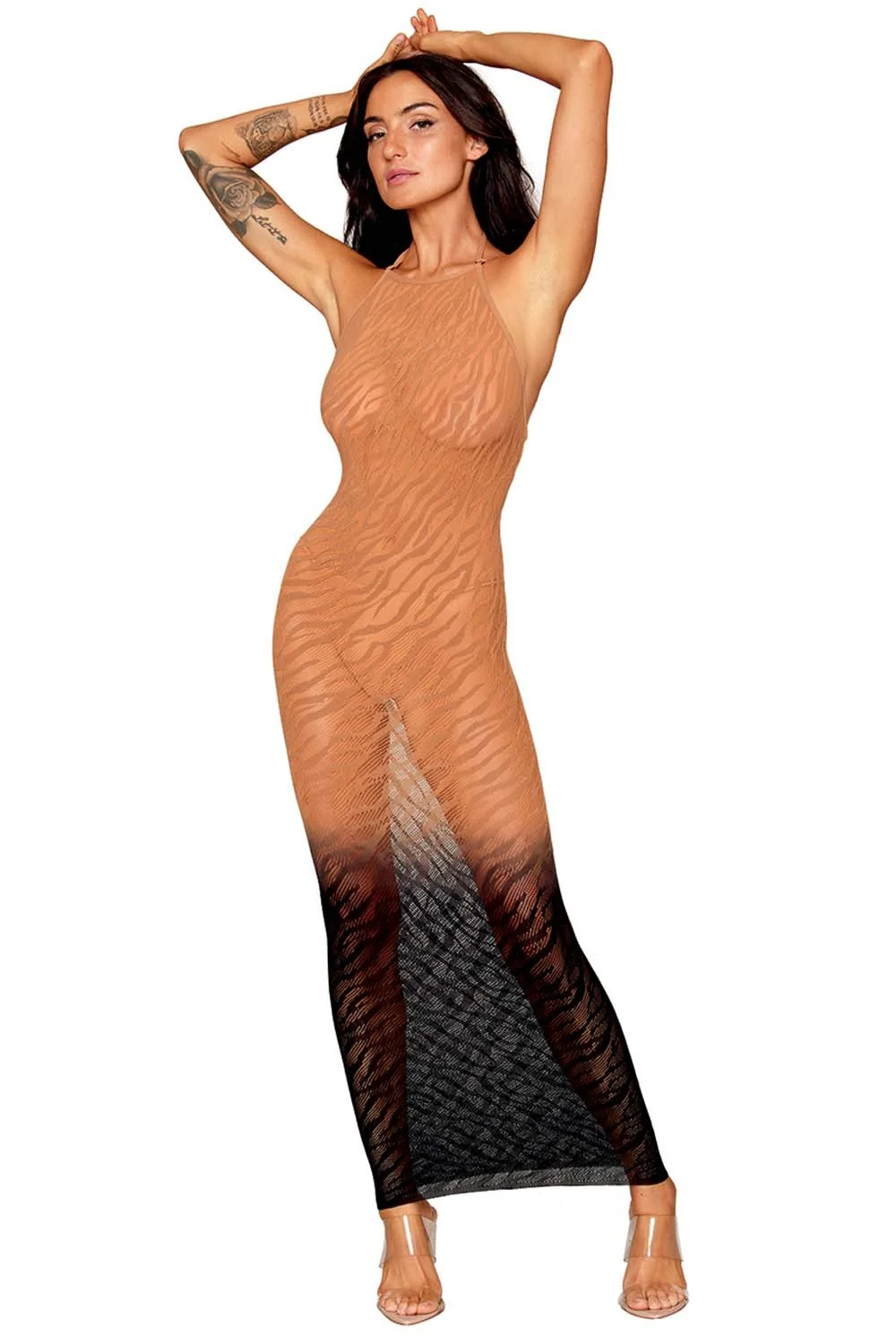 Bodystocking-Kleid mit Zebramuster in kupferfarbenen Tönen - DG0488BKC