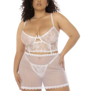 2 in 1 Nachthemd und zweiteiliges Set in großen Größen aus Spitze und transparentem Netz – MAL7544XWHT